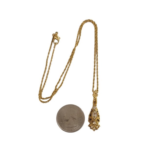 1928 Brand Gold Tone Rhinestone Victorian Style Pendant Chain Necklace 18”L K935 - Picture 6 of 7